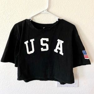 ROMWE Black USA Crop Short Sleeve Tee
